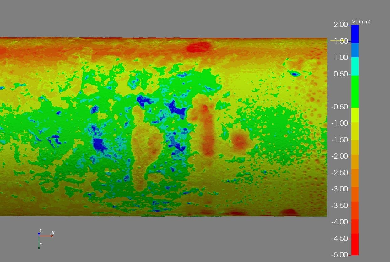 Severe corrosion highlighted in red and orange on a 3D material-loss colormap